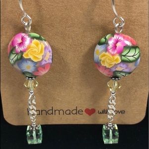 ARTISAN CLAY EARRING - 925 STERLING SILVER DANGLE PERIDOT FLOWER LENTIL BEADS